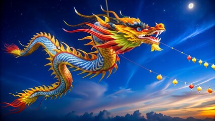 Vibrant dragon kite soars under starry night sky with lanterns