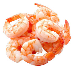A close-up shot of a pile of peeled, cooked shrimp against a black background.