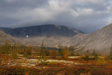 A Picturesque Mountain Valley Under a Stormy Sky with Autumn Colors and a Rare Forest Against a Mountainous Landscape