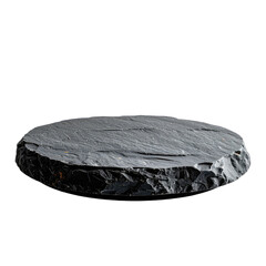 A rough, circular black slate stone platform or stage against a deep black background.