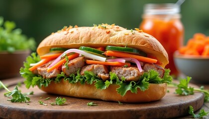 Vietnamese Banh Mi sandwich with pork lettuce cucumber pickled carrots and onions in fresh. Savory street food meal made with tasty meat and veggies.