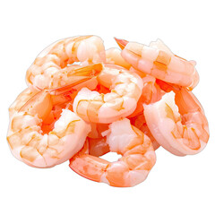 A close-up pile of cooked, peeled shrimp isolated on a black background.