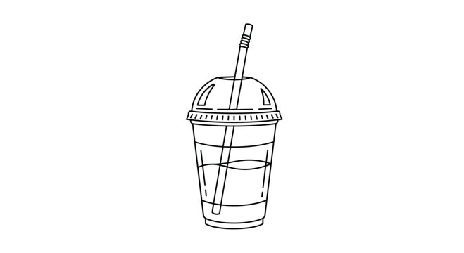 Minimalist line drawing of a disposable plastic drink cup with a dome lid and a striped straw filled with liquid for beverage packaging icons.
