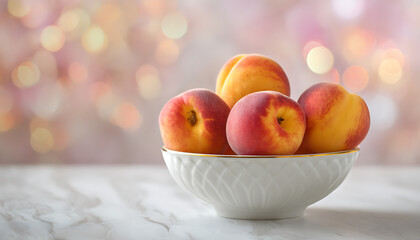 Radiant summer peaches nestled in a golden rimmed bowl on marble with a dreamy pastel glow.