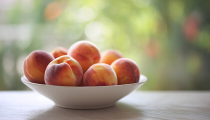 Radiant summer peaches nestled in a golden rimmed bowl on marble with a dreamy pastel glow.