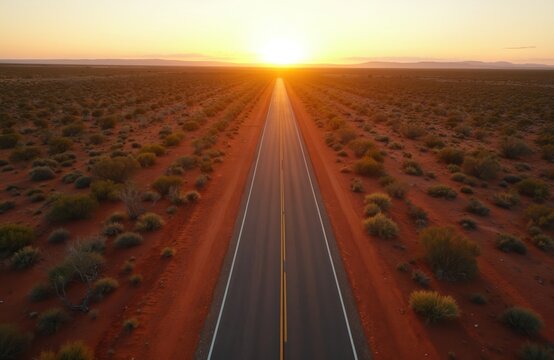 Aerial view of empty asphalt road stretching through barren outback desert landscape during a golden sunset. Vast arid plains with sparse dry vegetation under a clear sky.