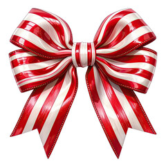 A shiny, oversized red and white striped decorative bow against a black background.