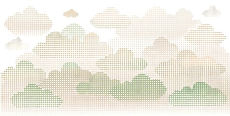 A pixelated landscape image with mountains and trees in muted colors
