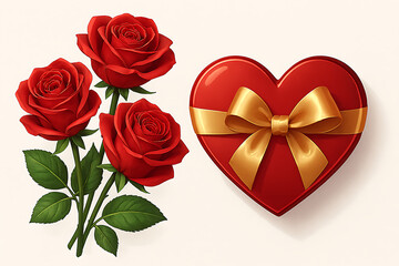 Three red roses beside a heart-shaped box