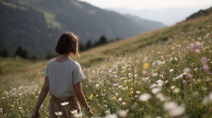 Young woman walking through a field of wildflowers. she is wearing a white blouse with small polka dots and a beige skirt. her hair is styled in loose waves and she is looking out towards the horizon.