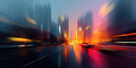 Dynamic city street with cinematic motion blur and glowing traffic lights