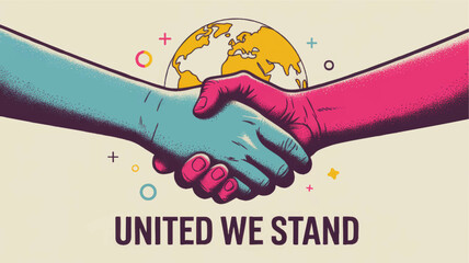 Colorful handshake illustration with world globe, unity and diversity message, united we stand text, global cooperation concept