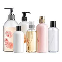 A collection of assorted cosmetic and body care bottles against a black background.