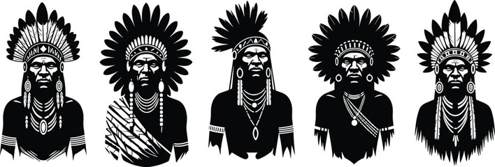 Native American chief silhouette, tribal headdress, cultural icon, black illustration, traditional jewelry, heritage art, warrior figure, ethnic design, indigenous portrait, feather crown © Saiful Islam