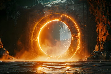 Mystical luminous energy ring as a dimensional gateway in enchanted cavern