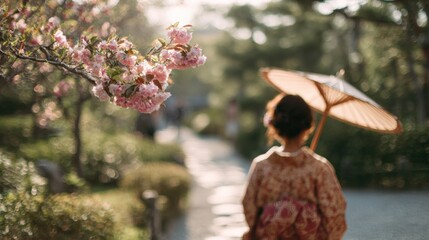 Person walking on a pathway in a park. the person is wearing a traditional japanese kimono and is holding an umbrella with a wooden handle.
