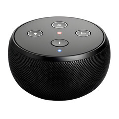 Modern smart speaker with illuminated buttons for voice control and music playback.