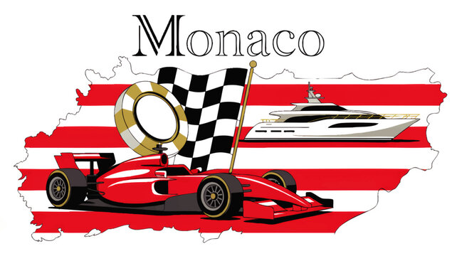 Monaco grand prix racing car and luxury yacht illustration on red striped map with checkered flag and lifebuoy
