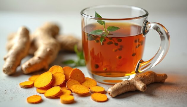 Hot ginger turmeric tea in glass cup with fresh root slices scattered around. Healthy drink prepared with natural ingredients. Warm beverage steeps with herbs, spices. Good for wellness, immunity.