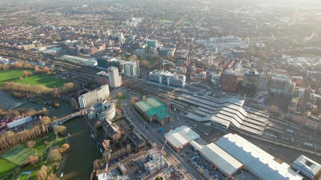downtown center and railway station of Reading. Berkshire in England. aerial view