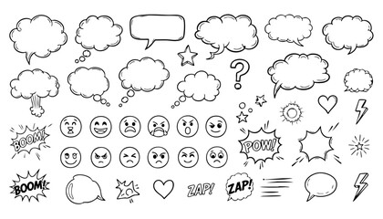 Fototapeta premium Set of hand-drawn comic explosion and shatter effect elements with cartoon smoke clouds, broken glass cracks, and rock debris in a bold black and white line art doodle illustration