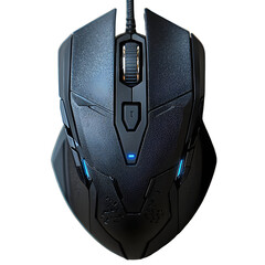 Modern ergonomic computer mouse with futuristic design and subtle blue LED lights.