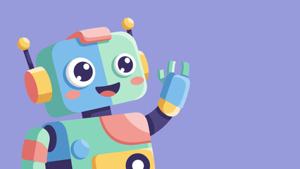 Cartoon robot waving with a smile, featuring a colorful design and friendly expression on a light purple background.