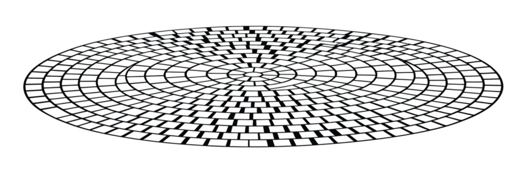 Detailed geometric circular radial paving pattern illustration forming a seamless cobblestone stone floor texture, high contrast black and white perspective design
