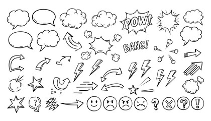 Comic boom cartoon effect line element set. Comic speech bubble pow, boom text, explosive splash smoke, wow cartoon vector icon. Hand drawn sketch doodle explosive element. Vector illustration. EPS.
