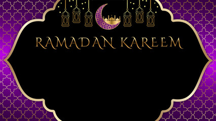 Luxurious islamic banner template with golden text Ramadan Kareem, lanterns and crescent moon on black purple background with golden arabesque and copy space