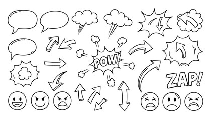 Obraz premium Comic boom cartoon effect line element set. Comic speech bubble pow, boom text, explosive splash smoke, wow cartoon vector icon. Hand drawn sketch doodle explosive element. Vector illustration.