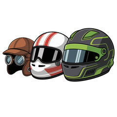 Vintage to modern racing helmets illustration set, three detailed cartoon motorcycle and car helmets on transparent background