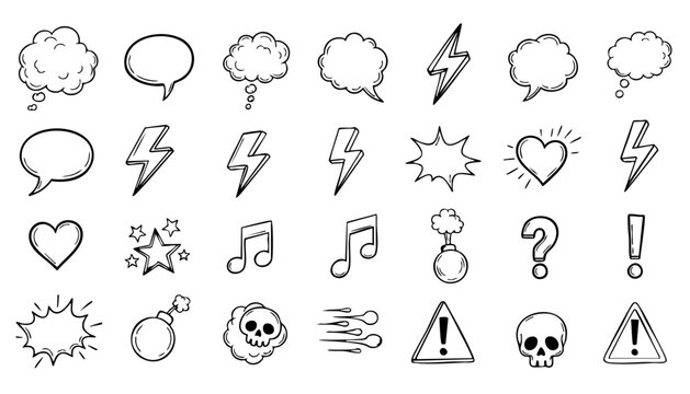 Comic boom cartoon effect line element set. Comic speech bubble pow, boom text, explosive splash smoke, wow cartoon vector icon. Hand drawn sketch doodle explosive element. Vector illustration.