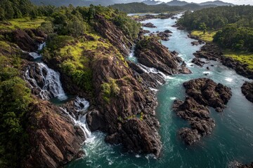 Aerial view of a cascading river carving through rocky cliffs and lush green vegetation