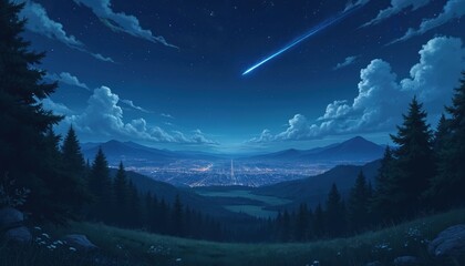 Distant city lights glow under starry night sky. A bright meteor streaks across cloudy blue firmament above dark mountain range and pine forest.