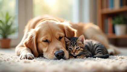 Golden retriever dog, tabby kitten rest together on light carpet. Animals sleep peacefully, showing harmony, friendship, domestic comfort. Soft natural light illuminates scene, creating warm, serene