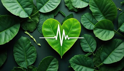 Green heart leaf symbolizes healthy life. ECG wave overlays on natural foliage representing vital signs and wellness. Eco care and nature love.