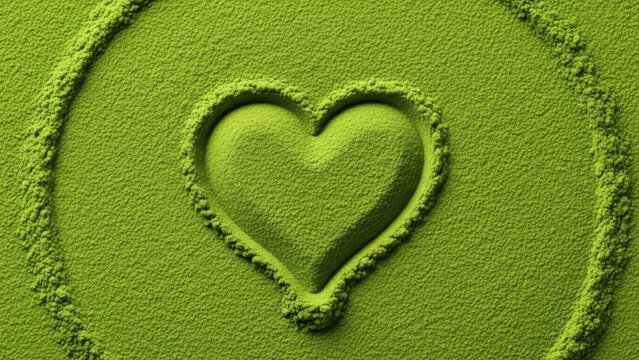 A heart shape carved into green sand on a beach isolated on white background