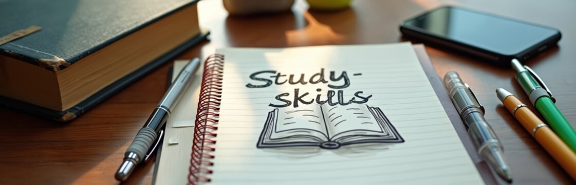 Spiral notebook with study skills written and book drawing. Pens and smartphone on wooden desk. Open book nearby. Studying planning concept for learners.