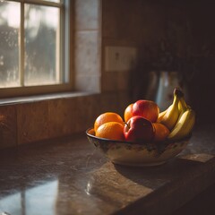 Fresh fruit bowl on kitchen counter with apples, bananas, and oranges, illuminated by sunlight. AI-generated image