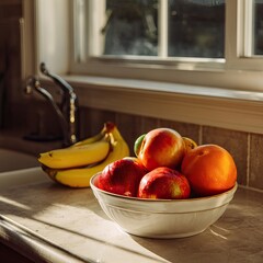 Fresh fruit bowl on kitchen counter with apples, bananas, and oranges, illuminated by sunlight. AI-generated image