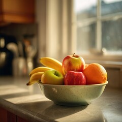 Fresh fruit bowl on kitchen counter with apples, bananas, and oranges, illuminated by sunlight. AI-generated image