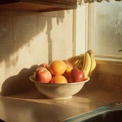 Fresh fruit bowl on kitchen counter with apples, bananas, and oranges, illuminated by sunlight. AI-generated image