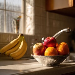 Fresh fruit bowl on kitchen counter with apples, bananas, and oranges, illuminated by sunlight. AI-generated image