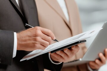 Businessman reviewing financial documents with a pen. Close-up of colleagues analyzing data in an office. Corporate teamwork and contract signing concept