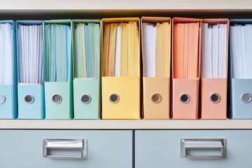 Colorful file folders organized on an office shelf. Row of document binders with paperwork. Business archive and administration concept