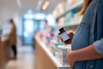 Pregnant woman holding medicine bottle in pharmacy. Female customer reading label on vitamins or supplements at drugstore. Prenatal healthcare concept