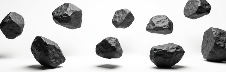 Obraz premium Dark grey rough stones of irregular shapes appear to float against a clean white background. Multiple natural mineral fragments hover mid air, showing textured surfaces. Objects drift in void.