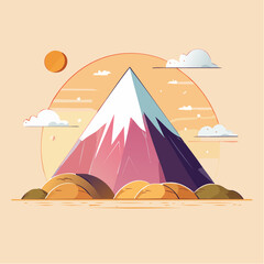 Stylized mountain landscape with snow-capped peak, clouds, and a setting sun.