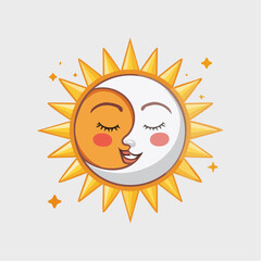 Cartoon sun and moon face illustration with closed eyes and smiling, surrounded by sun rays.